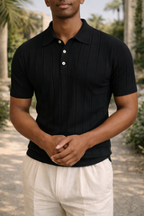 Jason | Men’s Ribbed Knit Polo Shirt with Vertical Panel Design — Black, image 3