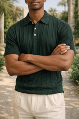 Jason | Men’s Ribbed Knit Polo Shirt with Vertical Panel Design — Green, image 4