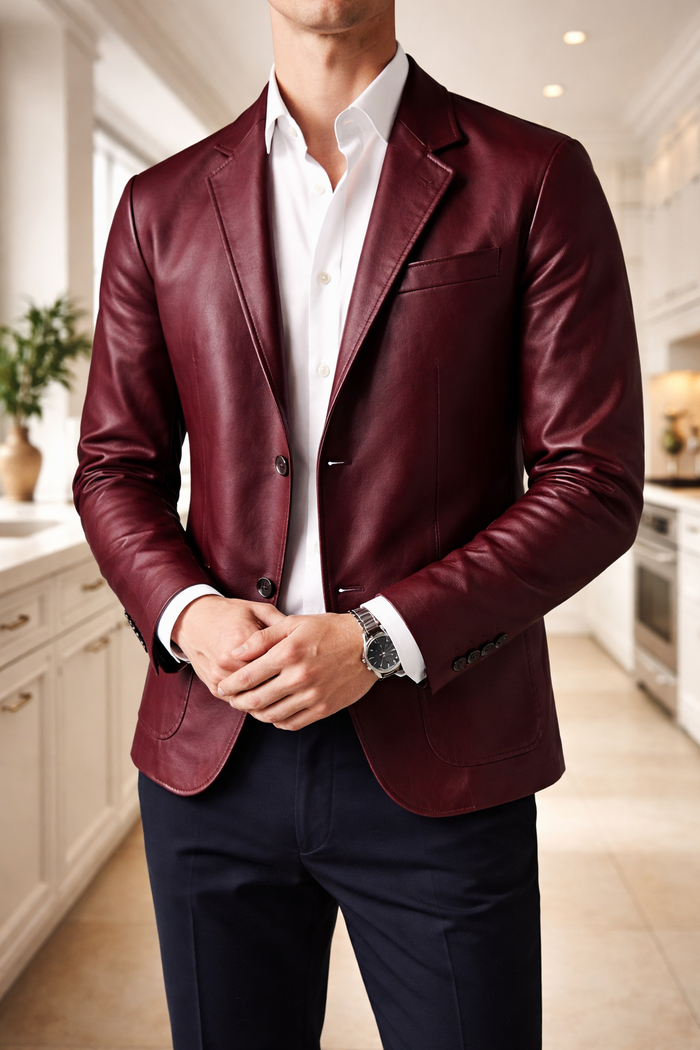Jasper | Men’s Leather Blazer Jacket Single Breasted Smart Casual Outerwear — Bordeaux, image 1