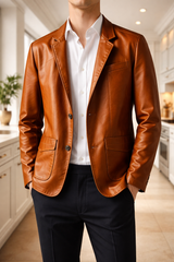 Jasper | Men’s Leather Blazer Jacket Single Breasted Smart Casual Outerwear — Brown, image 2