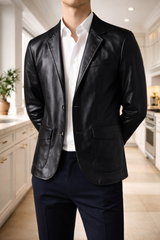 Jasper | Men’s Leather Blazer Jacket Single Breasted Smart Casual Outerwear — Black, image 3