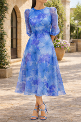 Jessica | Floral Organza Midi Wedding Guest Dress with Long Sleeves — Blue, image 2