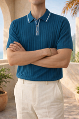 Joey | Men’s Ribbed Knit Polo Shirt Short Sleeve Relaxed Fit — Blue, image 2