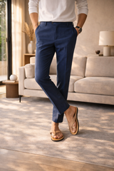 Joshua | Men’s Linen Blend Tailored Trousers with Straight Leg — Navy, image 2