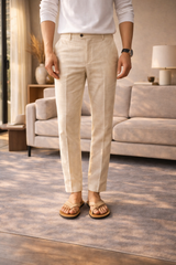 Joshua | Men’s Linen Blend Tailored Trousers with Straight Leg — Beige, image 3