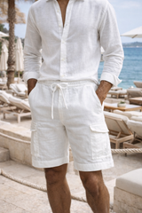 Julian | Linen Blend Drawstring Cargo Shorts — White, image 1
