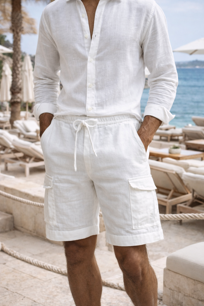 Julian | Linen Blend Drawstring Cargo Shorts — White, image 1