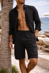 Julian | Linen Blend Drawstring Cargo Shorts — Black, image 2