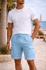 Julian | Linen Blend Drawstring Cargo Shorts — Light Blue, image 4