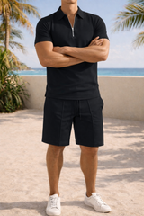 Kane | Men’s Short Sleeve Zip Polo and Tailored Shorts 2 Piece Set — Black, image 2