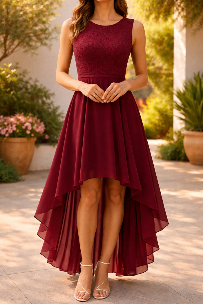 Keira | Lace Bodice High Low Midi Wedding Guest Dress — Bordeaux, image 1