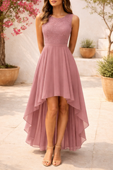 Keira | Lace Bodice High Low Midi Wedding Guest Dress — Pink, image 3