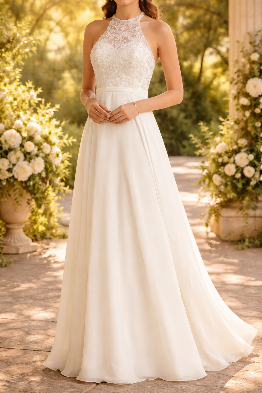 Kenzie | Halter Neck Lace Bodice Maxi Wedding Dress — White, image 1