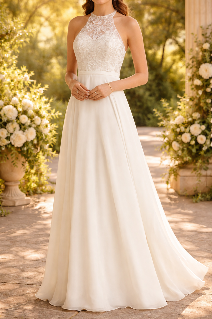 Kenzie | Halter Neck Lace Bodice Maxi Wedding Dress — White, image 1