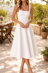 Kirsty | Sleeveless Square Neck A-Line Midi Dress — White, image 1