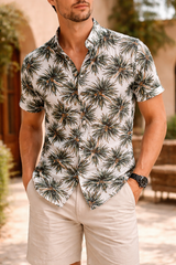 Liam | Men’s Short Sleeve Palm Print Button-Up Shirt — Tropical, image 1