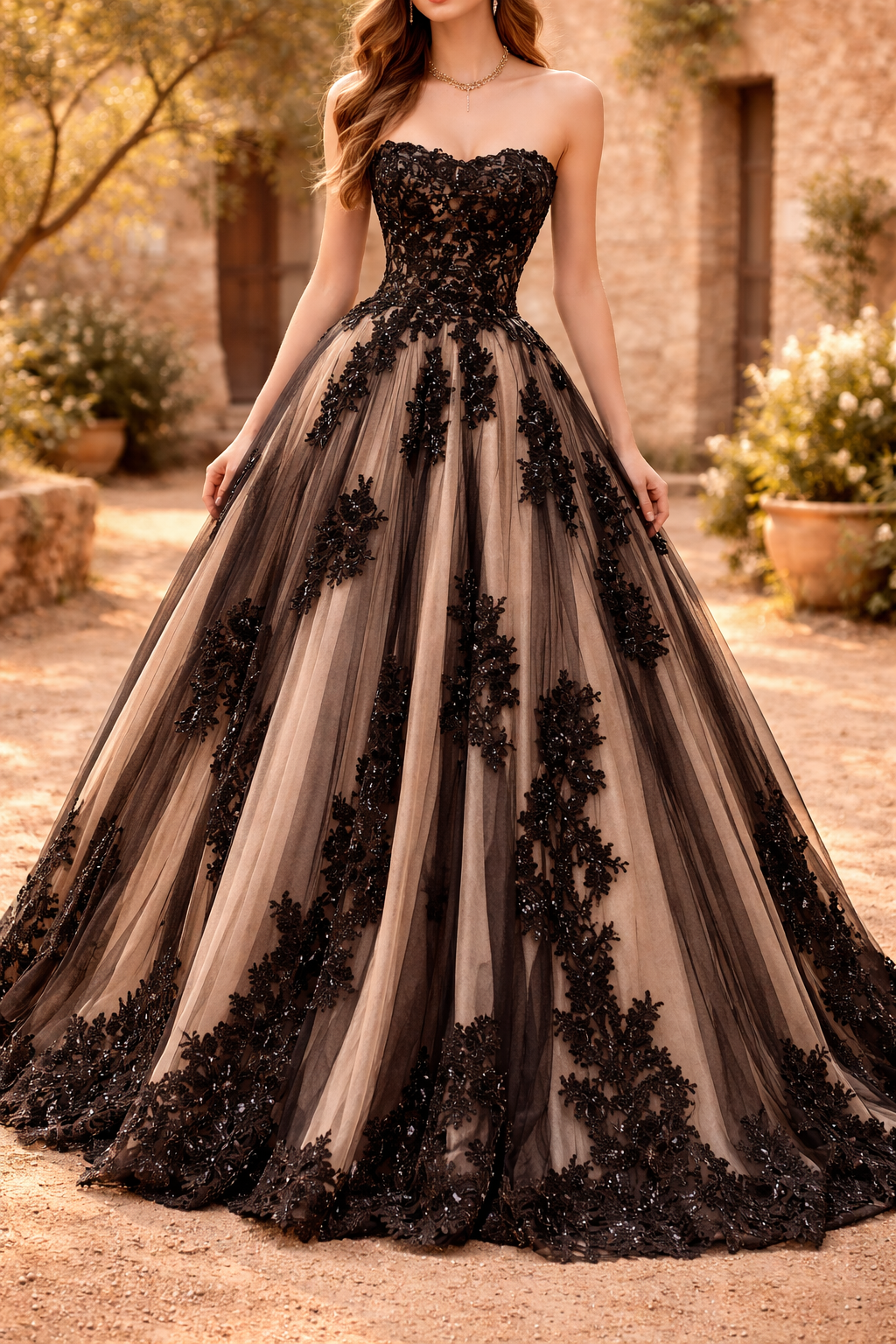Lilian | Strapless Lace Bodice Tulle Maxi Wedding Dress — Black, image 1