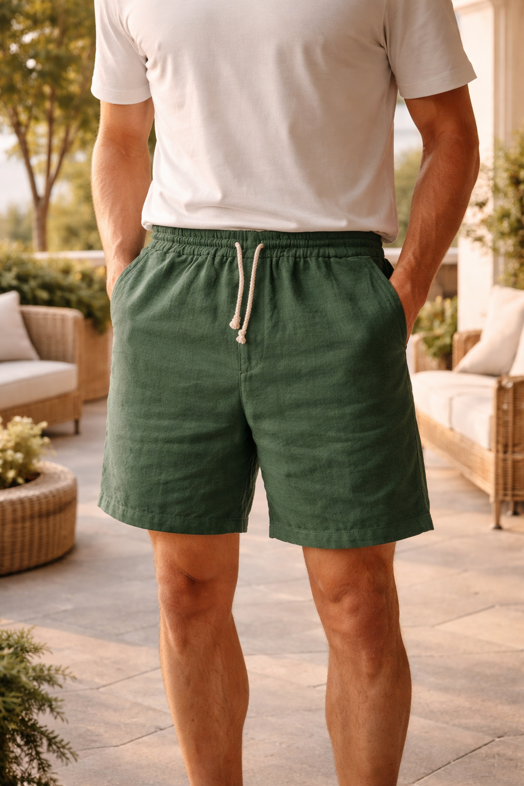 Logan | Drawstring Linen Casual Shorts with Elasticated Waist — Green, image 1