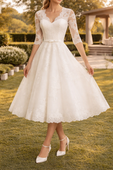 Lou | Lace Sleeve A-Line Midi Wedding Dress with V-Neck — White, image 1