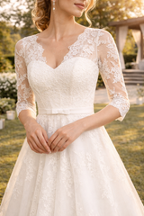 Lou | Lace Sleeve A-Line Midi Wedding Dress with V-Neck — image 3