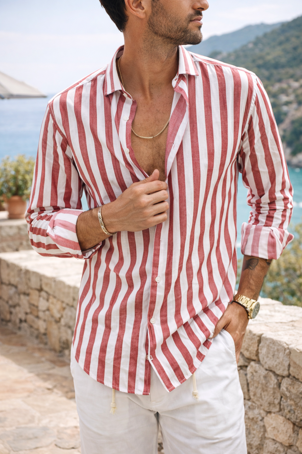 Luca | Men’s Striped Button Down Shirt — Red, image 1