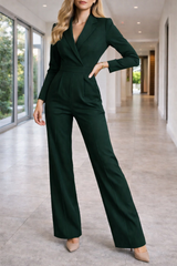 Macy | Women's Tailored Long Sleeve Wide Leg Jumpsuit with Lapel Collar — Dark Green, image 2