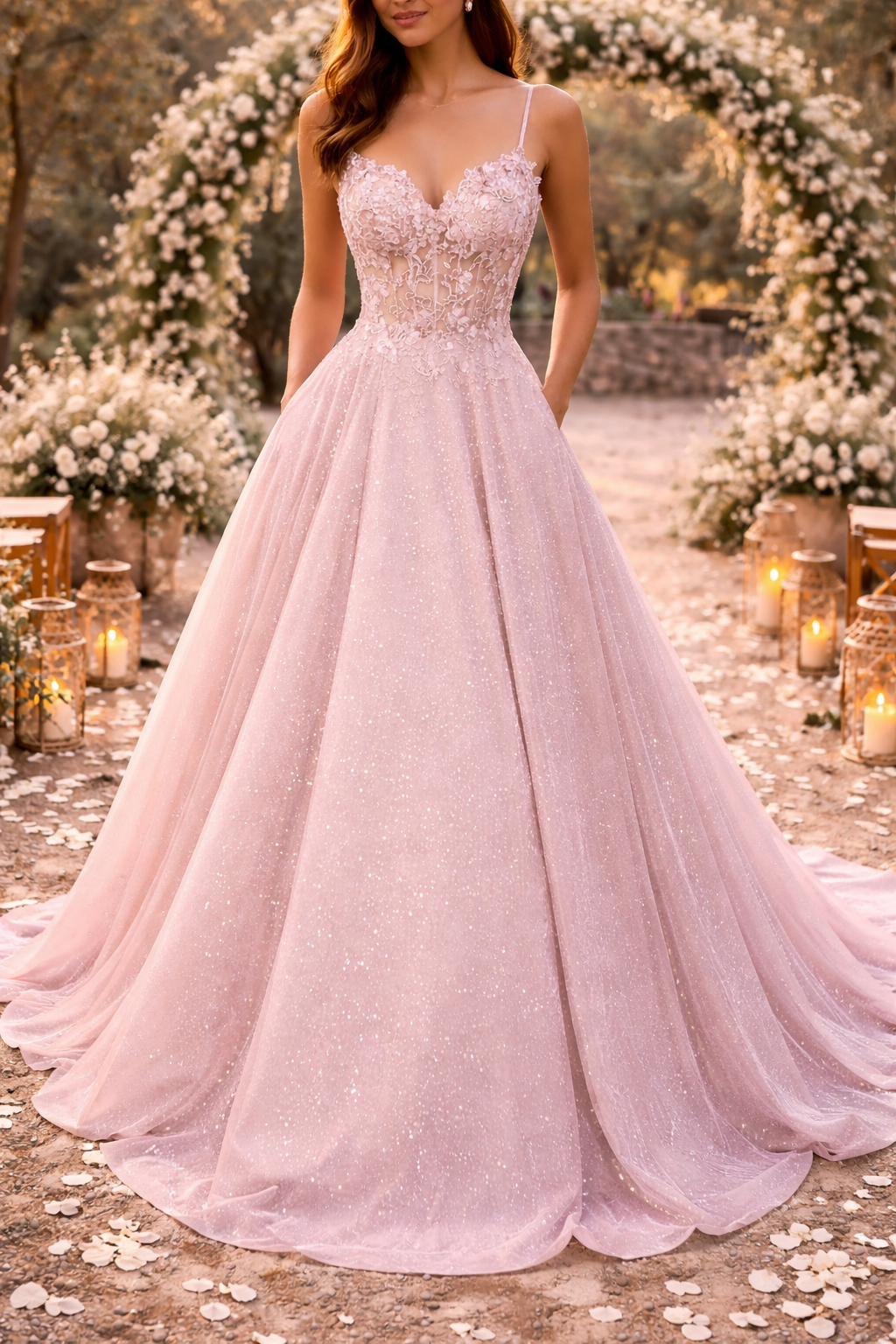 Madelyn | Embroidered Bodice Glitter Tulle Maxi Wedding Guest Dress — Pink, image 1