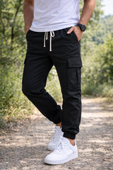 Mason | Men’s Cargo Jogger Trousers with Drawstring Waist — Black, image 2