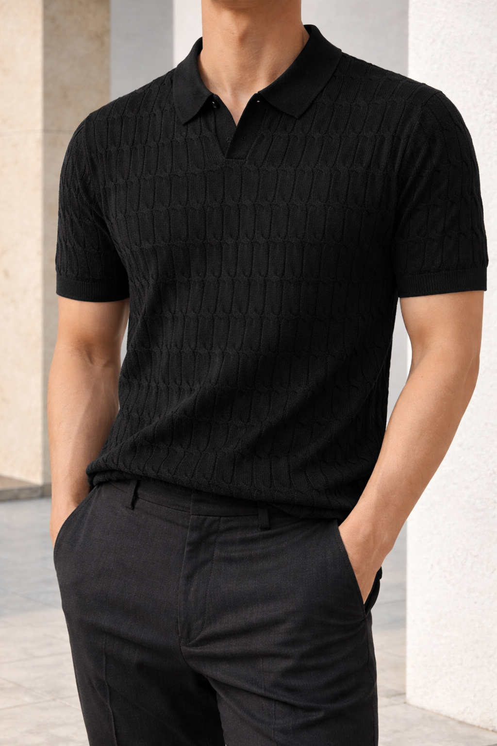 Mason | Men’s Textured Knit Polo Shirt with Short Sleeves — Black, image 1