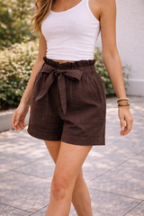 Matilda | Women’s Linen High Waisted Shorts with Tie Belt — Brown, image 2