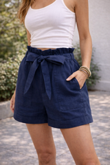 Matilda | Women’s Linen High Waisted Shorts with Tie Belt — Navy, image 5