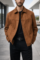 Max | Men’s Suede Leather Trucker Jacket with Button Front Closure — Brown, image 1