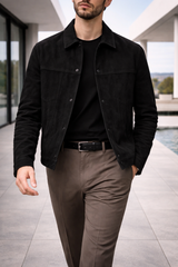Max | Men’s Suede Leather Trucker Jacket with Button Front Closure — Black, image 2