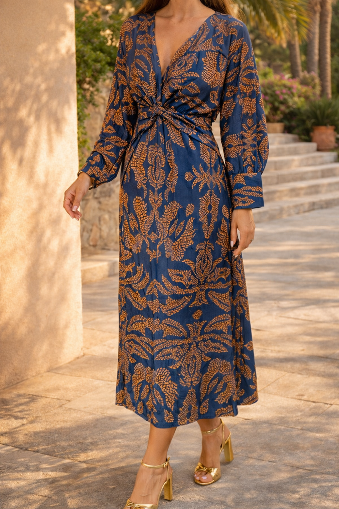 Maya | Twist Front Printed Midi Wedding Guest Dress with Long Sleeves — Blue, image 1