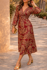 Maya | Twist Front Printed Midi Wedding Guest Dress with Long Sleeves — Red, image 3