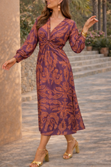 Maya | Twist Front Printed Midi Wedding Guest Dress with Long Sleeves — Purple, image 4
