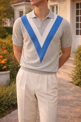 Neville | Men’s V Pattern Knit Polo Shirt Short Sleeve Relaxed Fit — Gray, image 1