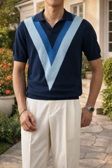 Neville | Men’s V Pattern Knit Polo Shirt Short Sleeve Relaxed Fit — Navy, image 2