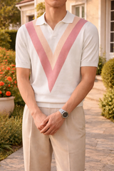 Neville | Men’s V Pattern Knit Polo Shirt Short Sleeve Relaxed Fit — White, image 3