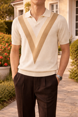 Neville | Men’s V Pattern Knit Polo Shirt Short Sleeve Relaxed Fit — Beige, image 4