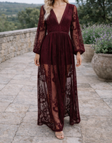 Nia | Women's V-Neck Lace Maxi Dress — Bordeaux, image 3