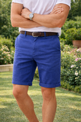 Nigel | Men’s Linen Blend Tailored Shorts with Turn-Up Hem — Navy, image 2