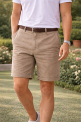 Nigel | Men’s Linen Blend Tailored Shorts with Turn-Up Hem — Brown, image 3