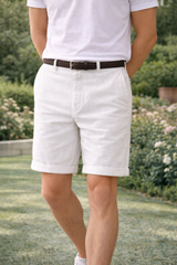 Nigel | Men’s Linen Blend Tailored Shorts with Turn-Up Hem — White, image 4