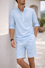 Oliver | Men’s Linen Grandad Collar Shirt with Half Placket — Blue, image 2