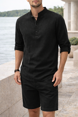 Oliver | Men’s Linen Grandad Collar Shirt with Half Placket — Black, image 3
