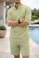 Oliver | Men’s Linen Grandad Collar Shirt with Half Placket — Green, image 4