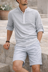 Oliver | Men’s Linen Grandad Collar Shirt with Half Placket — Gray, image 5