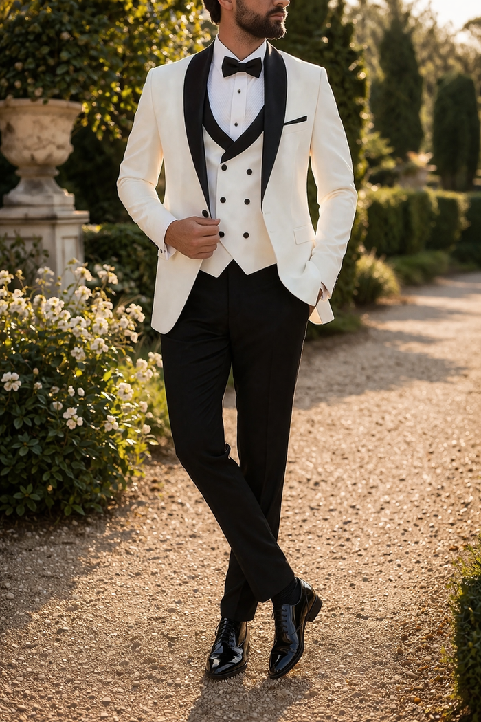 Otis | Men’s Three Piece Tuxedo Style Wedding Suit with Shawl Lapel — White, image 1