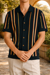 Perry | Men’s Vertical Stripe Knit Button-Up Shirt Short Sleeve Relaxed Fit — Navy, image 2